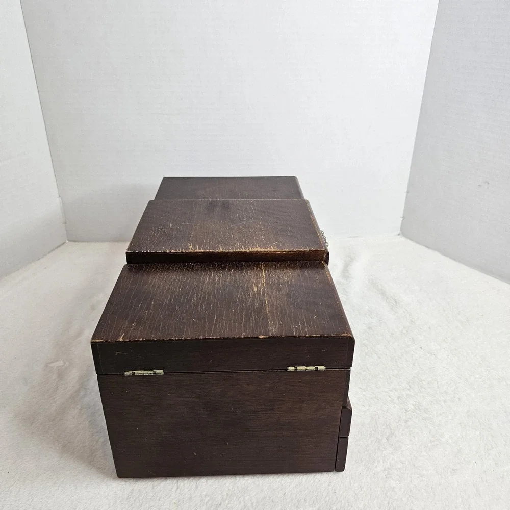 VTG Mid Century Modern Wood Jewelry Box 2 Drawer Blue Velvet Lined MCM Mirror